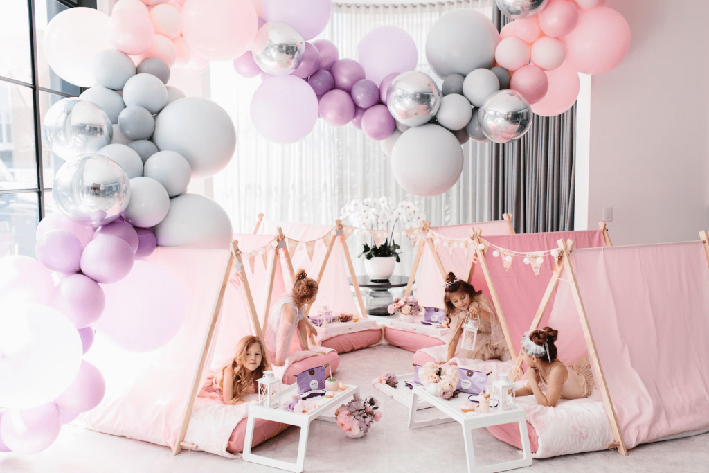 Pink and silver balloons decoration for the kids perfect pamper party